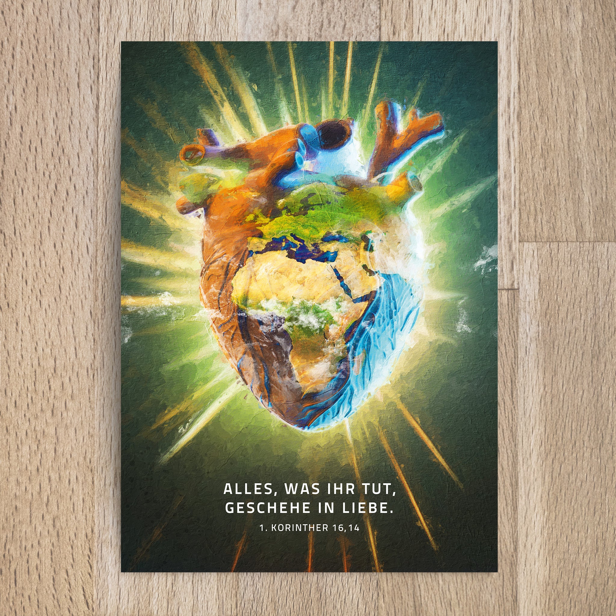 Postkarte Alles, was ihr tut, geschehe in Liebe. Motiv Globales Herz - Undarstellbar