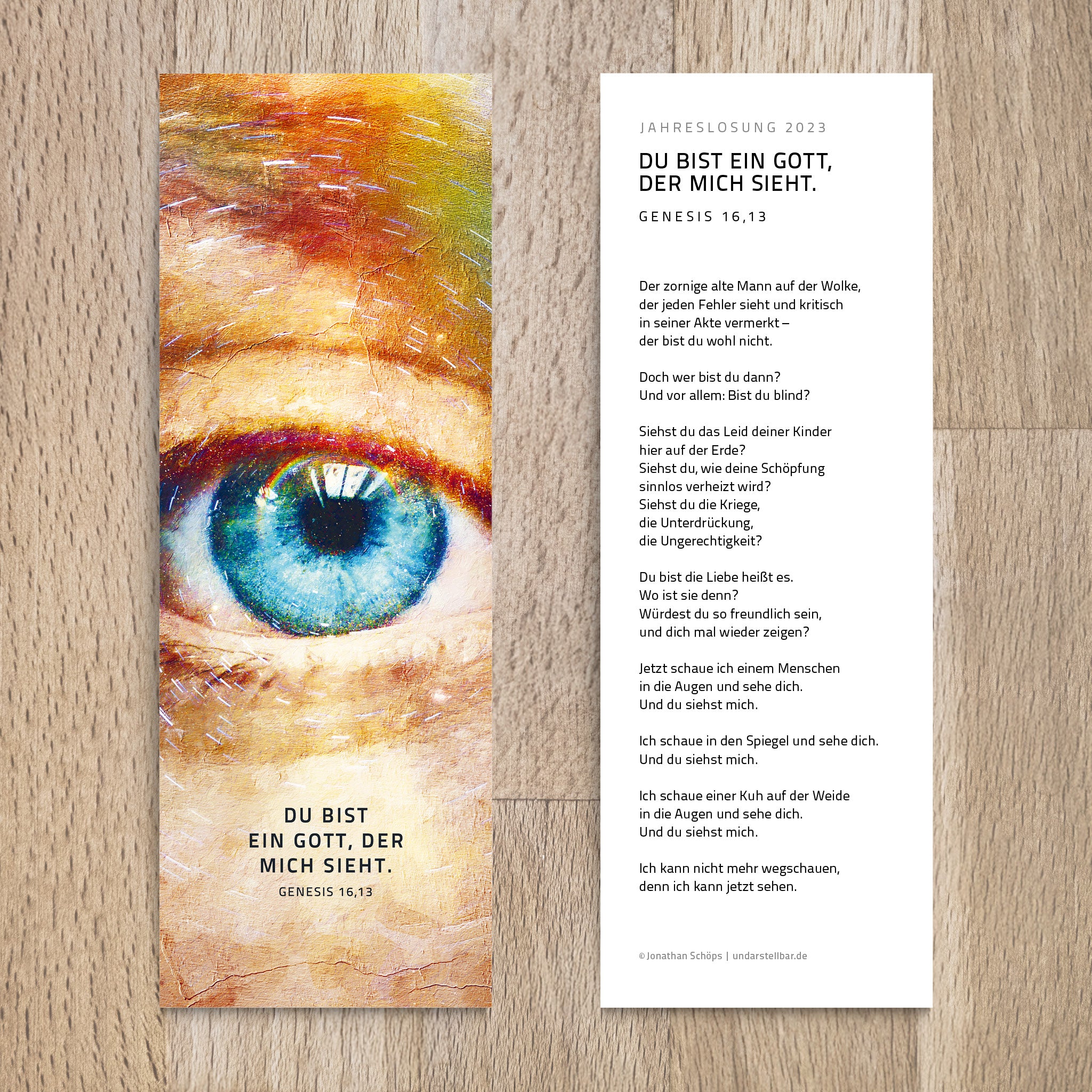 Lesezeichen mit Gedicht. Du bist ein Gott, der mich sieht. Motiv Auge - Undarstellbar