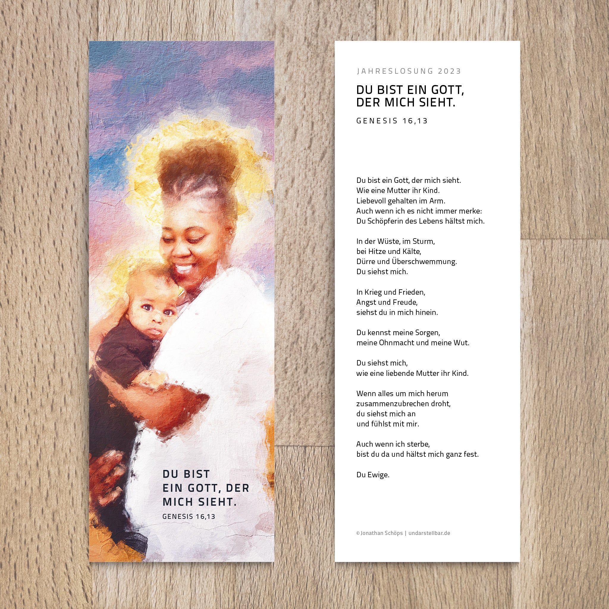 Lesezeichen mit Gedicht. Du bist ein Gott, der mich sieht. Motiv Liebende Mutter - Undarstellbar